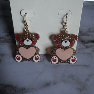 Glittery Bear Earrings with Heart Design